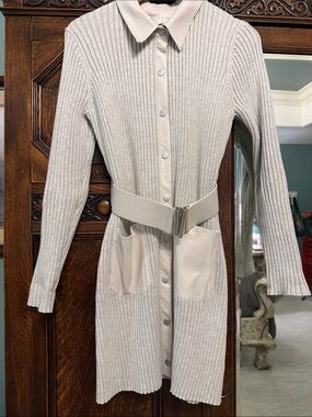 Light Cream Ribbed Knit Long Sleeve Shirt Dress with Belt